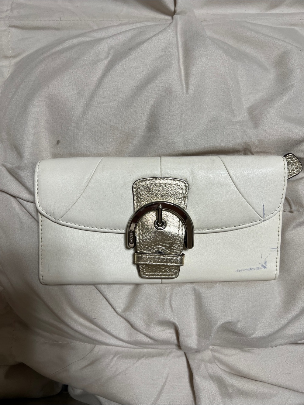 Coach White Leather Wallet with Metallic Gold Buckle
